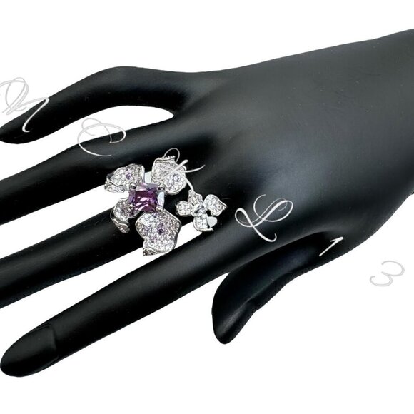 NWT Statement Ring Orchid Flower S925 Sterling Silver CZ Open Adjustable - Picture 12 of 13